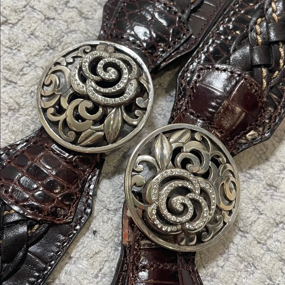 BRIGHTON Belt Brown Woven Croc Leather Concho Rhinestones Silvertone Size 36